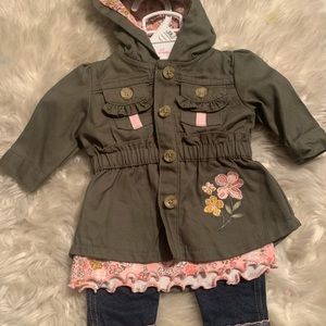 Baby Girl 3 piece Pant,fleece shirt & embroidered Jacket with Hood 12 months